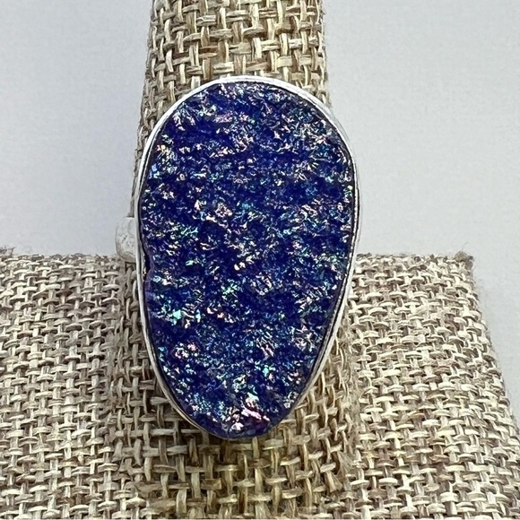 New Blue Titanium Druzy Crystal Stone Silver Overlay Ring Size 10 - Picture 8 of 8